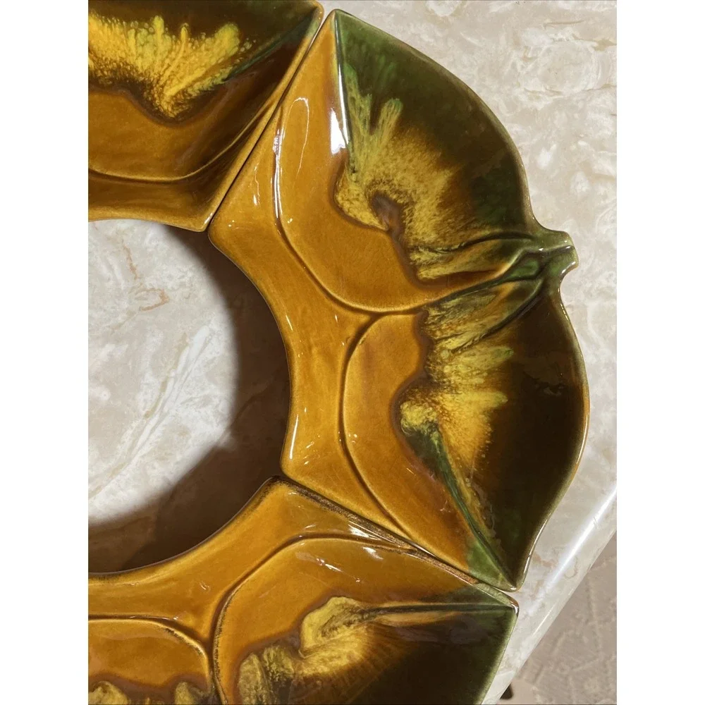 Vintage MCM ceramic lazy susan relish dish set leaf‎ or acorn green brown glaze